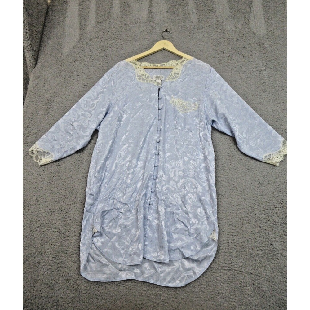 Vintage Partners Nightgown Women L Blue Satin Lace Trim Button Front Elegant